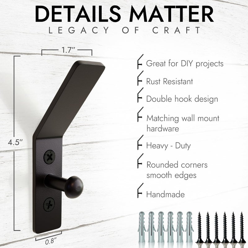 RTZEN Wall Mount Hook Set - Wrought Iron Decorative Rustic Metal Coat Hooks for Hanging - Handcrafted Classic Farmhouse Wall Mounted Black Hooks for Towel Robe or Hat Hanging - 3 Pack - Image 2